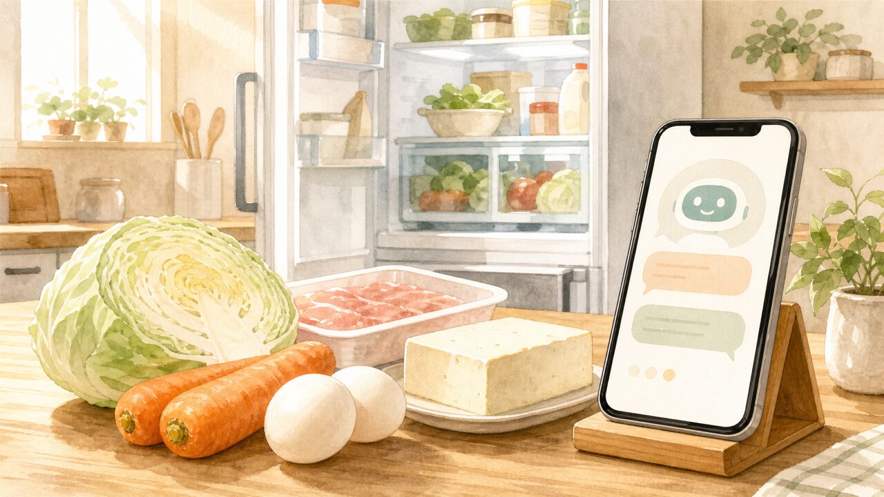 冷蔵庫の残り物からAIに献立を考えてもらうイメージ