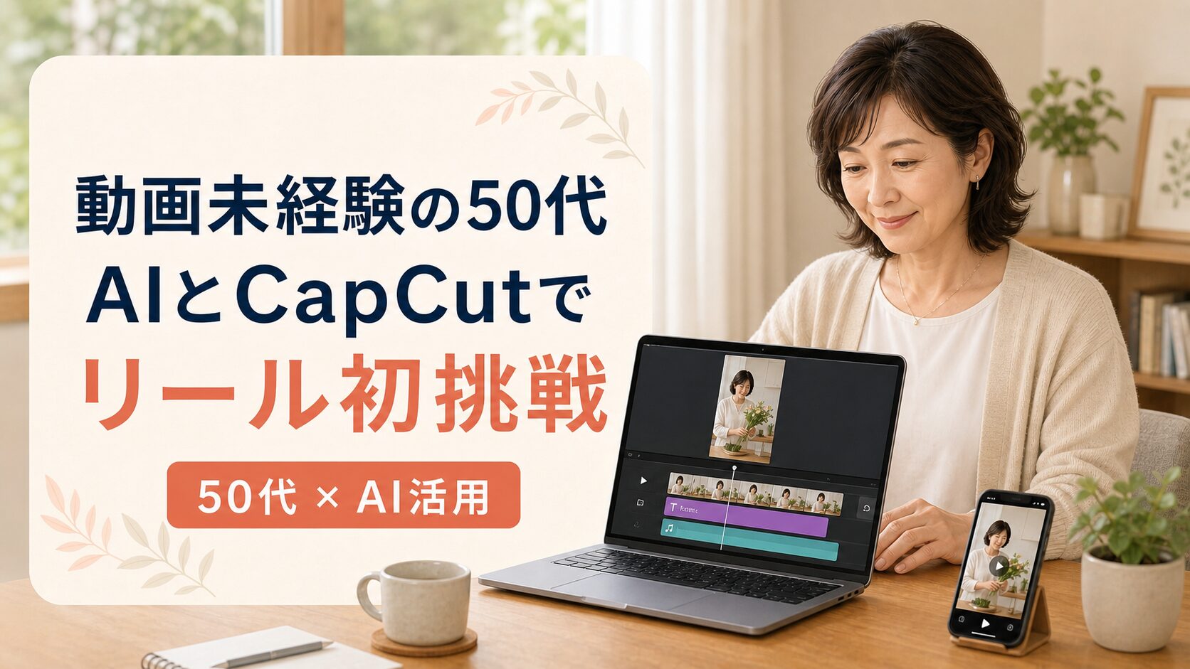 動画未経験の50代女性がAIとCapCutでInstagramリール作りに挑戦するイメージ