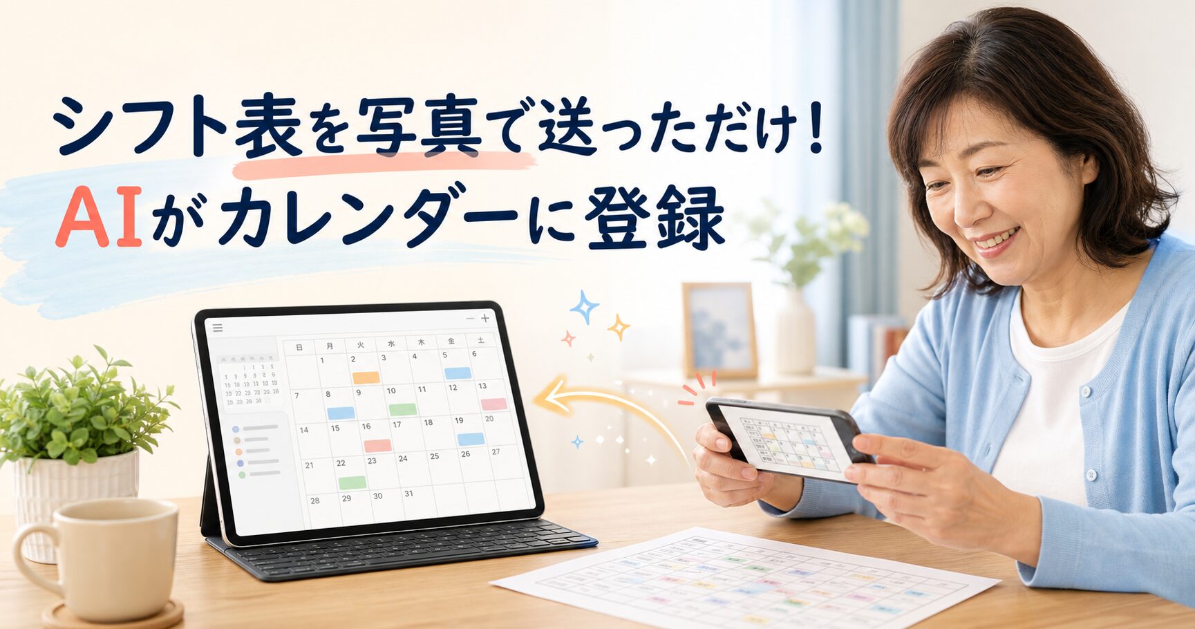 シフト表の写真をAIに読み取ってもらい、Googleカレンダーへ登録するイメージ